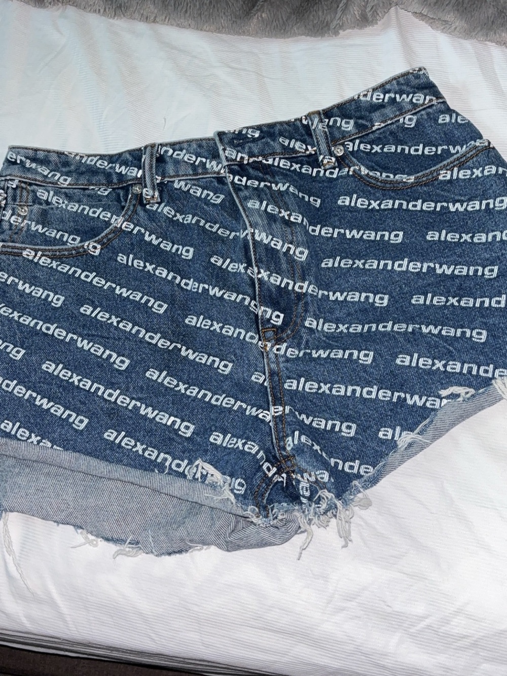 Alexander Wang Navy Logo-Print High-Rise Denim Shorts